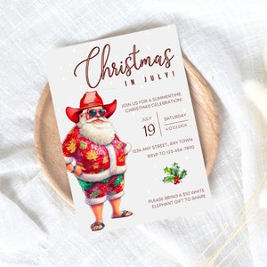 Christmas in July Invitation Template, Holiday Party, Summer Xmas Invite, Cowboy Santa Tropical, Canva Template, Santa Invitations