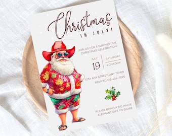 Christmas in July Invitation Template, Holiday Party, Summer Xmas Invite, Cowboy Santa Tropical, Canva Template, Santa Invitations