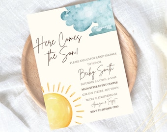 Here Comes the Sun Baby Shower Invite, Sunshine Baby Shower Invitations Template, Sun Sprinkle, Here Comes the Son, Boho Baby Shower Invites