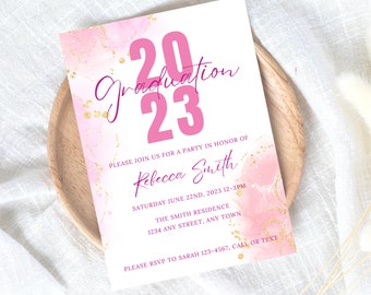 Graduation invitations 2023 pink, grad party invites for girls, hs graduation invitations, Canva Grad templates, open house invitations