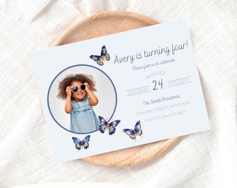 Butterfly Template pdf Download, Blue Butterflies Birthday Invitation, Girl Birthday Invite with Photo, Simple Bday Invite Template, Canva