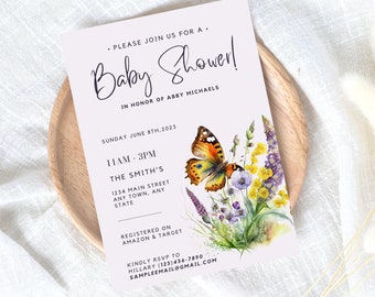 Zaproszenie na Baby Shower z motywem motyla, Zaproszenie na Baby Shower z fioletowym motylem, Boho Butterflys Baby Shower, Canva Printable Invites