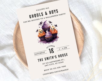 May include: Halloween party invitation featuring a black and white graphic of cupcakes decorated with pumpkins and bats. The text reads "Calling all Ghouls & Boys You're invited to a Halloween party!"  "Saturday October 18 2-4 PM The Smith's House At 123 Anywhere St., Any City, ST 12345 RSVP to 123-456-7890 Costumes encouraged!"