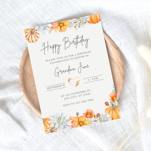 September Birthday Invitations, Invite for Grandma, 60th Template, Digital Download, Colorful, 70th, Womens Invitation, Autumn, Pumpkins