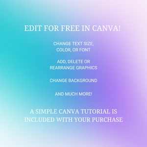May include: A gradient background in shades of blue and purple with white text that reads "EDIT FOR FREE IN CANVA!" followed by a list of features: "CHANGE TEXT SIZE, COLOR, OR FONT", "ADD, DELETE OR REARRANGE GRAPHICS", "CHANGE BACKGROUND", "AND MUCH MORE!" and "A SIMPLE CANVA TUTORIAL IS INCLUDED WITH YOUR PURCHASE".