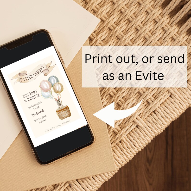 May include: A digital invitation for an Easter egg hunt and brunch. The invitation features a cartoon bunny in a hot air balloon with pastel colored balloons. The text reads "Easter Sunday, Egg Hunt & Brunch, Sunday April 17th, 9-11 AM, The Bowards, 1234 Any Street, Any Town".