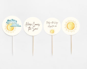 Here Comes the Sun Baby Shower Cupcake Toppers, Printable Canva Template, Here Comes the Son, You Are My Sunshine Baby Sprinkle, Ray of Sun