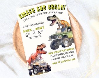 May include: A white invitation card with green and yellow text that reads "Smash and Crash! It's a Dino Monster Truck Bash!"  Help us celebrate Aiden's 6th & Dylan's 8th Birthdays! Main Street Playground 1234 Any Street, Any Town Saturday June 6th, 2 PM RSVP to (123)456-7890. The card features a watercolor illustration of two dinosaurs driving monster trucks.