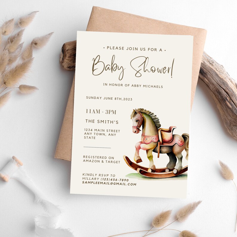 Rocking Horse Baby Shower Invitation, Boys Baby Shower, Gender Neutral