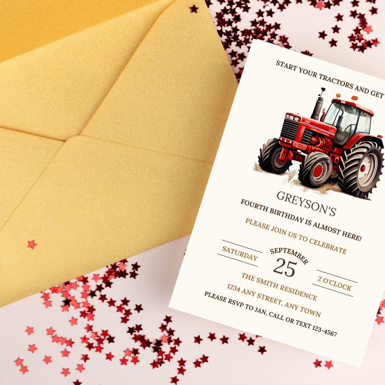 Puede incluir: Un tractor rojo sobre un fondo blanco. El texto de la invitaci&oacute;n dice: "Greyson's Fourth Birthday is Almost Here! Please Join Us to Celebrate September 25, 2 O'Clock The Smith Residence 1234 Any Street, Any Town Please RSVP to Jan, Call or Text 123-4567"