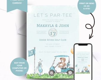Baby Shower Invitation Editable Golf, Par Tee, Let's Par-tee, couples baby shower, teddy bear invite, baby sprinkle golfing, printable