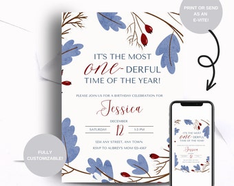 Op de afbeelding: Een printbare verjaardagsuitnodiging met een blauw en wit aquarel bloemenontwerp. De tekst luidt "Het is de meest fantastische tijd van het jaar!" en bevat de naam "Jessica" en de datum "12 december".