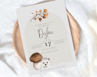 Plantilla de invitación de cumpleaños de erizo, invitación de cumpleaños mínima, cumpleaños de otoño, tema de fiesta de criaturas del bosque, invitaciones simples de cumpleaños, Canva