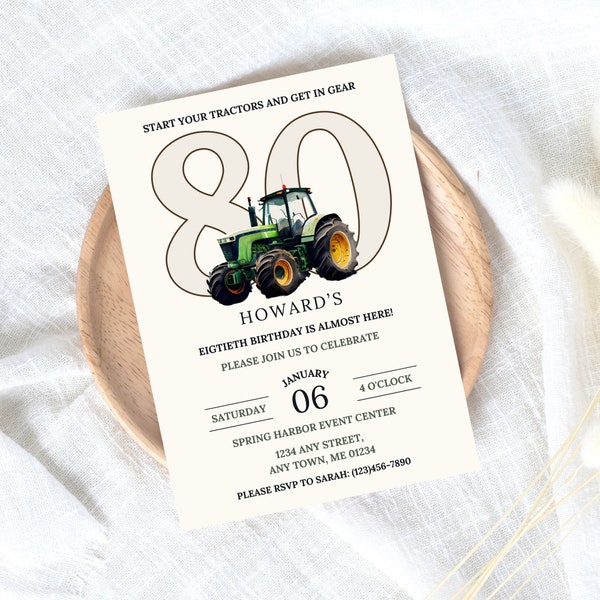 Tractor Eightieth Birthday Party Invite, Tractor Invites Canva, Farm Theme, Birthday Invitations Farmer, Mens Farm Bday, Green Tractor, 80th