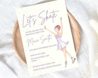 May include: Purple and white birthday party invitation with a watercolor illustration of a girl ice skating. The invitation says "Let's Skate" and includes the text "You're invited to a birthday party for Macie Smith, Saturday November 8th | 2PM, Main St Ice Rink, 1234 Any Street, Any Town, RSVP to Jane (123)456-7890, Dress warm | Skates provided".