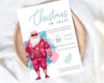 Christmas in July Invitation Template, Holiday Party, Summer Xmas Invite, Digital Party Invites, Tropical Beach Santa Invitations
