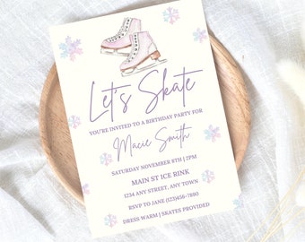 Skating Birthday Party Invitation Template, Digital Invite Skating, Ice Skating Invitations, Girls Birthday Invite, Printable Canva Editable