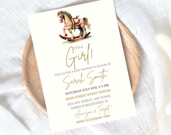 Rocking Horse Baby Shower Invitation, Girl Baby Shower, It's a Girl Invites, Rocking Horse Sprinkle, Baby Shower Invitations, Canva Template