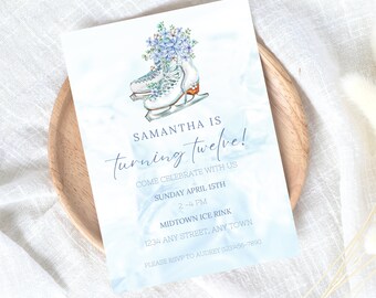 May include: Blue and white birthday invitation with a watercolor illustration of ice skates and flowers. The text reads "Samantha is turning twelve! Come celebrate with us Sunday April 15th 2-4 PM Midtown Ice Rink 1234 Any Street, Any Town Please RSVP to Audrey (123)456-7890"