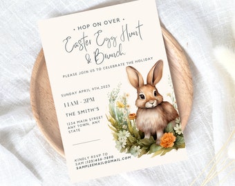 Easter Egg Hunt Invitation Template, Bunny Invites, Canva, Printable, Editable Easter egg Invite, Easter Brunch Party, Sunday Brunch