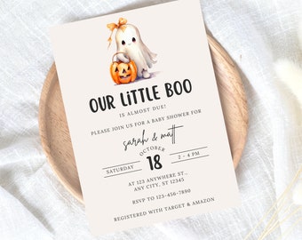 May include: A white ghost holding a jack-o'-lantern with a bow on its head. The text reads "Our Little Boo is almost due! Please join us for a baby shower for Sarah & Matt Saturday October 18 2-4 PM at 123 Anywhere St., Any City, ST 12345 RSVP to 123-456-7890 Registered with Target & Amazon"