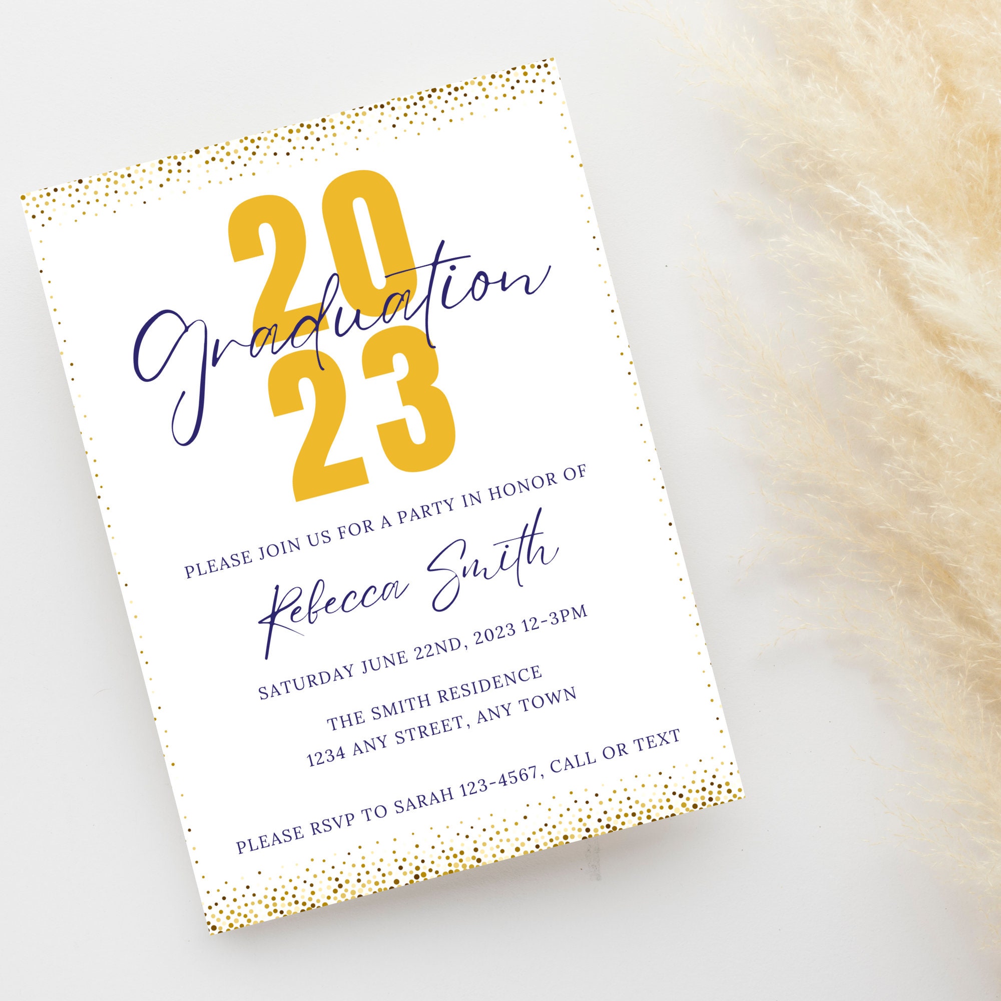 Navy and Gold Graduation Invitations, Grad Party Invites for Girls, Hs