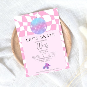 Roller Skating Birthday Invitation, Roller Rink, Rollerskate Party, Skate Birthday, Pink Disco Invite, Teen Girl Birthday, Digital Canva