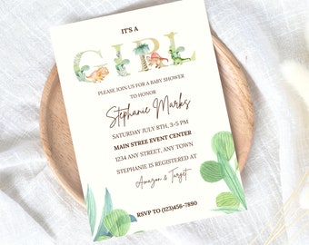 Dinosaur Baby Shower Invite, Dinosaur Baby Shower Invitation Girl, Baby Dino Invite, Baby Sprinkle, Printable Canva Template, It's A Girl