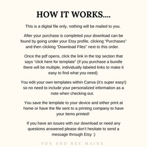 May include: Text explaining how to download and use digital printable templates. The text says "How it works..." and includes instructions on how to download the files, edit them in Canva, and print them.