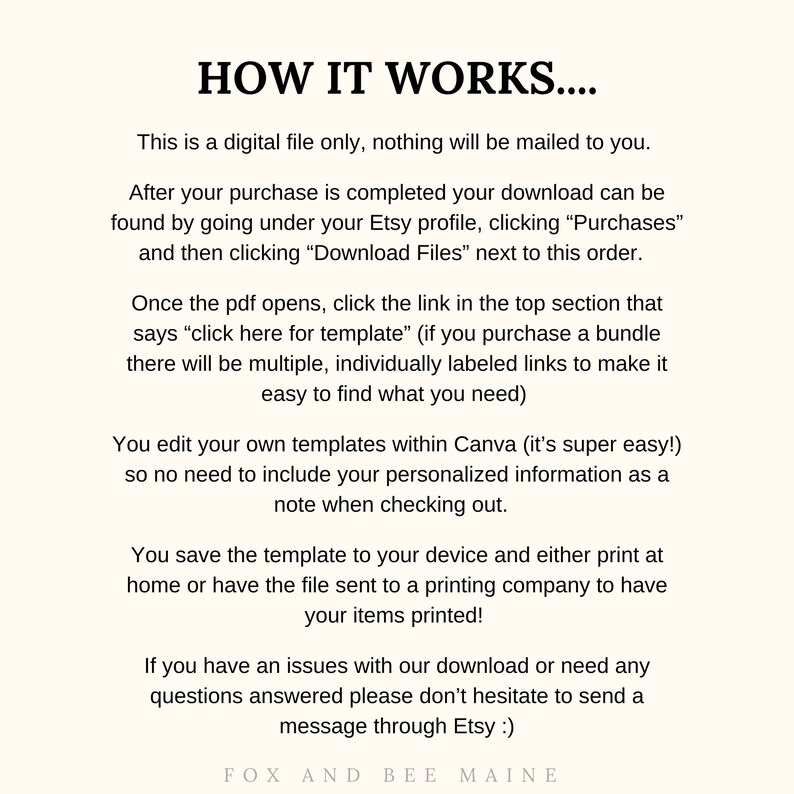 May include: Text explaining how to download and use digital printable templates. The text says "How it works..." and includes instructions on how to download the files, edit them in Canva, and print them.