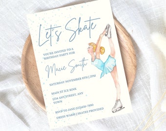 May include: A blue and white birthday party invitation with a watercolor illustration of a figure skater. The invitation says "Let's Skate" and includes the text "You're invited to a birthday party for Macie Smith".