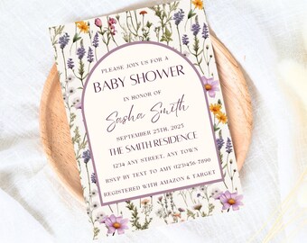 Purple Baby Shower Invitation, Gender Neutral Baby Sprinkle, Spring Flowers Invite, Boho Baby Shower Invites, Vintage Invitations, Baby Girl
