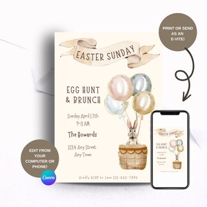 May include: An invitation to an Easter egg hunt and brunch. The invitation features a watercolor illustration of a bunny rabbit in a basket with balloons. The text reads "Easter Sunday, Egg Hunt & Brunch, Sunday April 17th, 9-11 AM, The Howards, 1234 Any Street, Any Town, Kindly RSVP to Jane 123-456-7890".