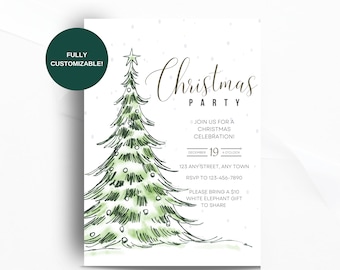 May include: A Christmas party invitation with a hand-drawn watercolor illustration of a green Christmas tree with white snow falling. The text reads "Christmas Party" and includes details about the event, such as the date, time, and location.