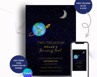 Outer Space Second Birthday Invitation, Two the Moon, Canva template, Printable, DIY, Astronaut Party, galaxy birthday, Editable