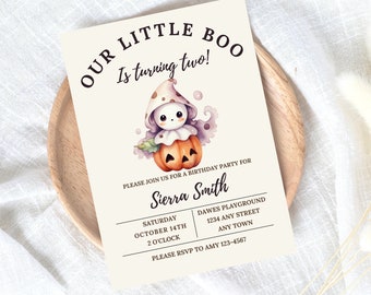 Onze kleine Boo draait twee verjaardagsuitnodiging, herfst Bday Party, griezelige uitnodigingen, pompoen, Ghost nodigt, Halloween verjaardag, herfst