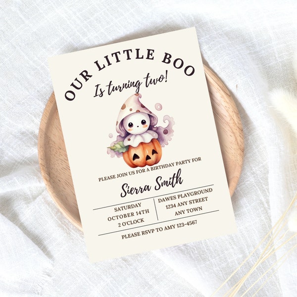 Our Little Boo is Turning Two Birthday Invitation, Fall Bday Party, Spooky Invitations, Pumpkin, Ghost Invites, Halloween Birthday, Autumn