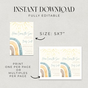 May include: A printable baby shower invitation featuring a rainbow and sun design. The invitation reads "Here Comes the Sun" and includes the text "Please join us for a baby shower in honour of Becky Smith".