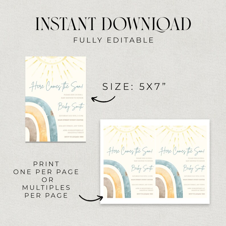May include: A printable baby shower invitation featuring a rainbow and sun design. The invitation reads "Here Comes the Sun" and includes the text "Please join us for a baby shower in honour of Becky Smith".