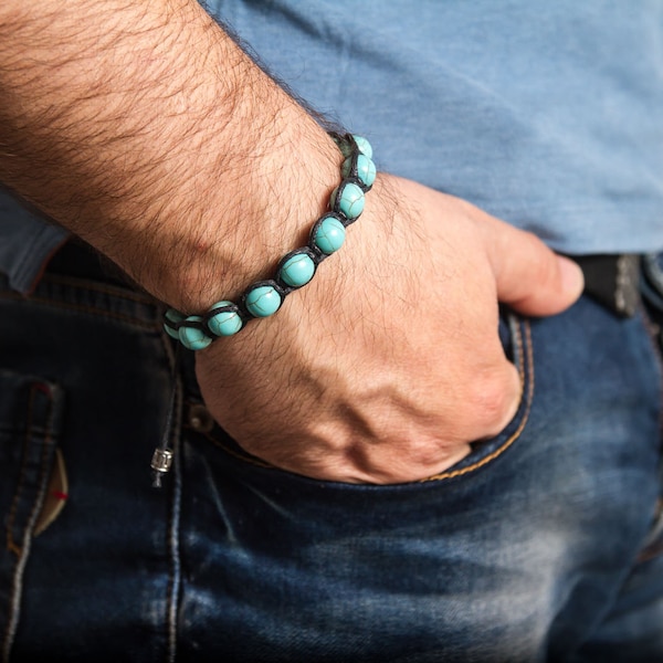 Turquoise Hommes, Bracelet bijoux en pierres précieuses, Cadeau pour lui, Turquoise pour Hommes, Bracelet protéger et aligner les chakras. Bracelet réglable Homme