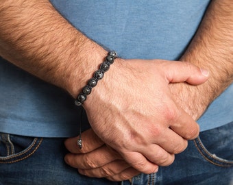 Bracelet homme labradorite : macramé noir, bijoux en pierres précieuses réglables