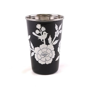 Black and white Flower hand painted Enamel cup