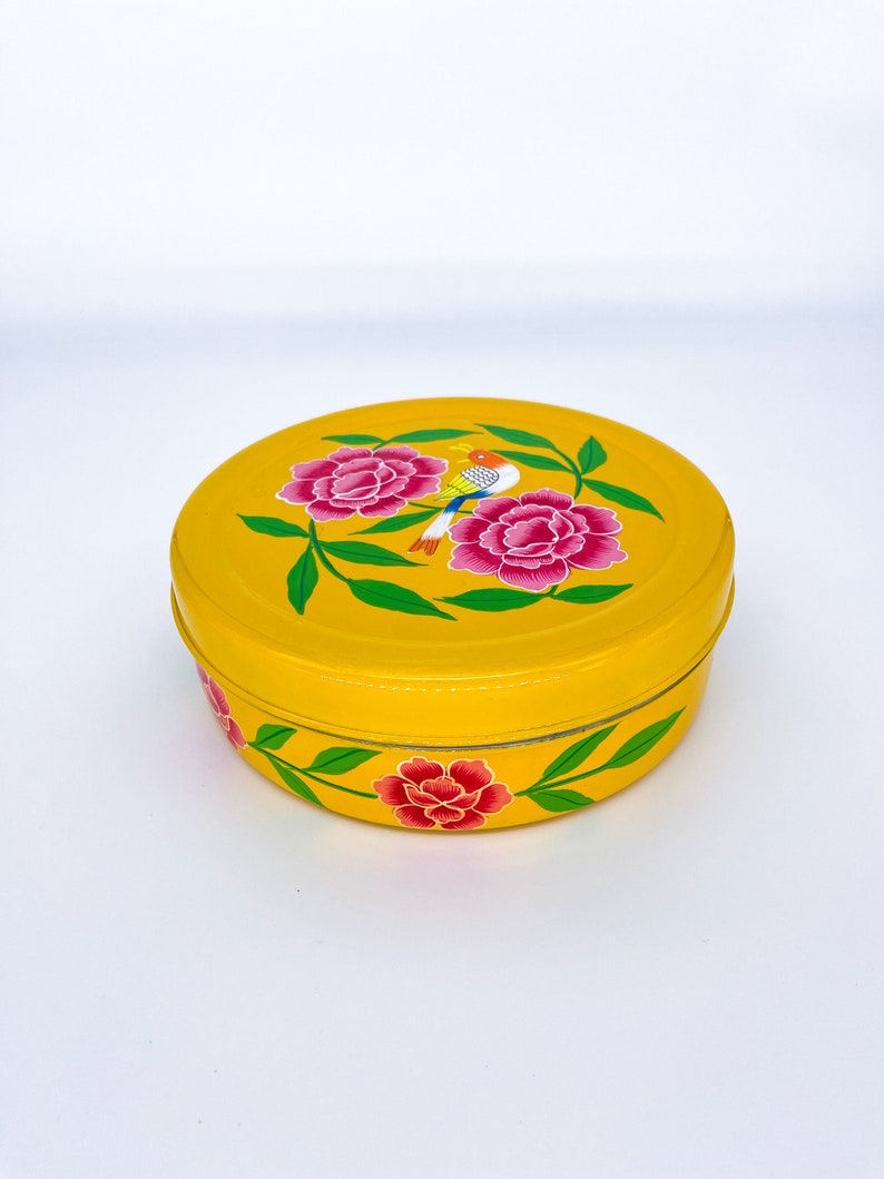 Bird Design Yellow Hand Painted Enamel Storage Box / Canister Set image 3