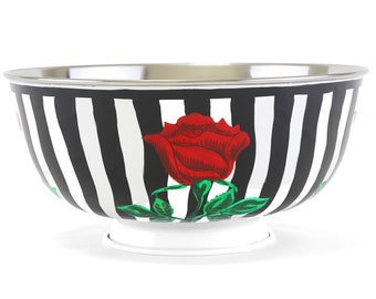 Gestreepte zwart-witte roos ontwerp handgeschilderd emaille grote kom
