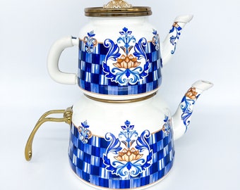 Enamel two tier tea pot Blue Checkered