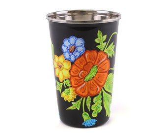 Multi Black flower hand painted enamel cup