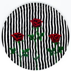 Striped Hand Painted Red Black White Rose design serving tray 13&quot; Enamel
