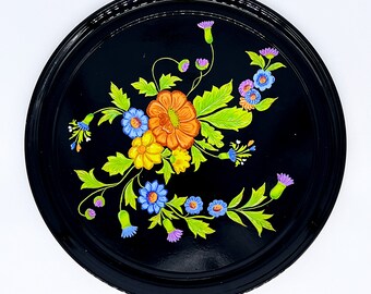 Bandeja esmaltada con diseño de flores negras múltiples de 13"