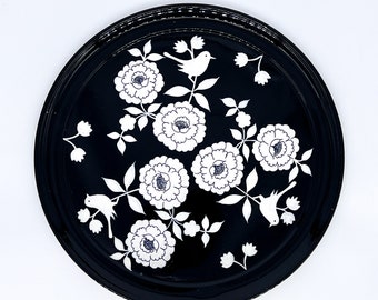 Black and White flower hand painted enamel tray 13"