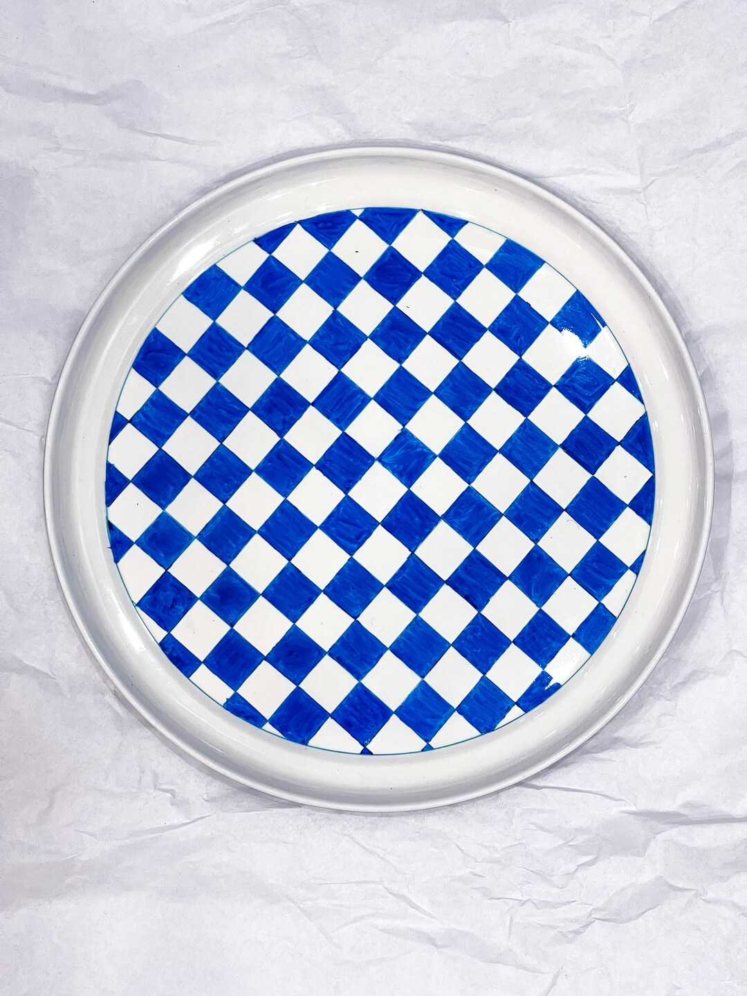Checkered Blue White Hand Painted Tray 12